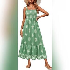 NWT Youtalia Smocked Boho Maxi Square Neck Long A-Line Sundress Dress, L (12-14)